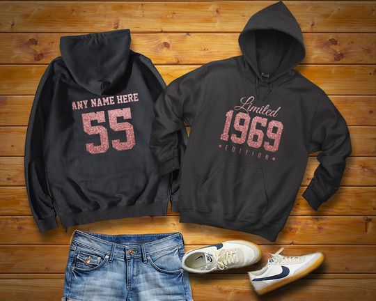 1969 Rose Gold Glitter Limited Edition Birthday Hoodie 55th Custom Name Celebration Gift mens womens hooded sweater Personalized