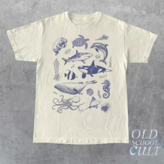 Vintage 90s Tattoo Sea Animal Tshirt, Retro Ocean Nature T-Shirt