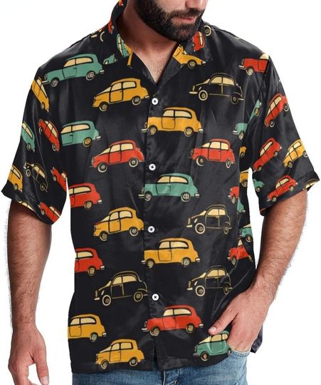Colorful Cars Pattern Hawaiian T-Shirt, Aloha Beaches Button Up Shirt