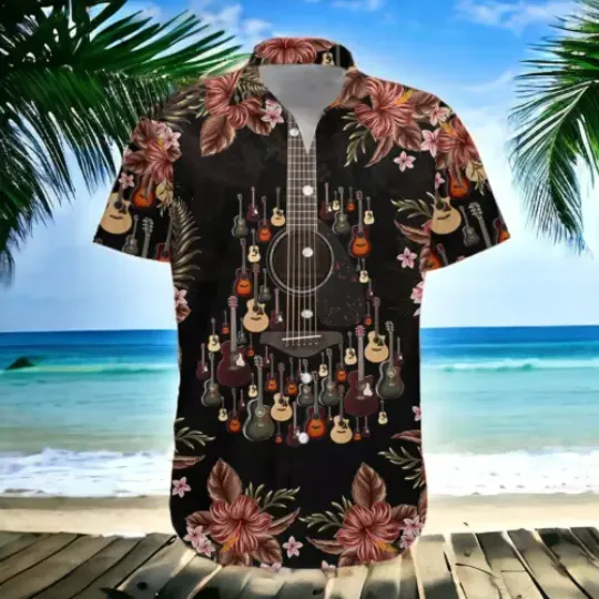 Men's Hawaiian Aloha Shirt Acoustic Guitar Tropical Summer Short Sleeve