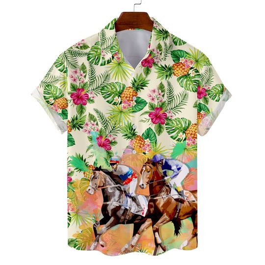Tropical Horse Racing Hawaiian Shirt For Men Women, Horse Painting Shirt, Horse Gifts For Men Horse Lovers Button Down Short Sleeves