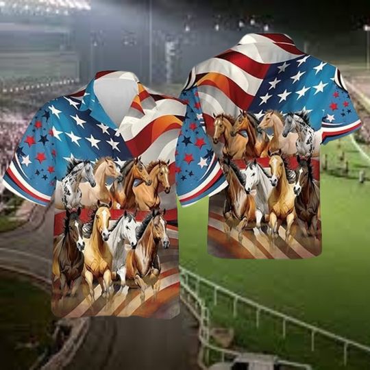 Horse Racing Hawaiian Shirt For Men Women, Patriotic Horse Gifts For Men Horse Lovers Button Down Short Sleeves, Horse Lover Gift Shirt