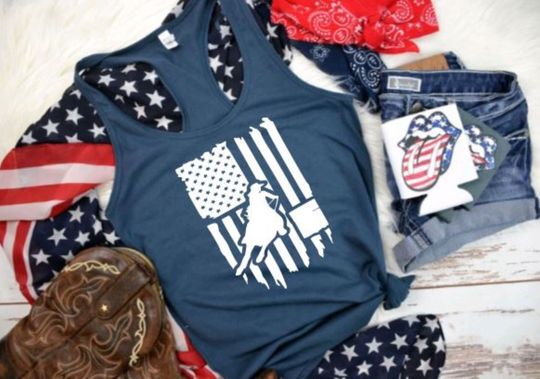 Barrel Racer American Flag Horse Tank Top, Patriotic 4th of July Tank Top for Horse Lovers, Cowgirls and Equestrians
