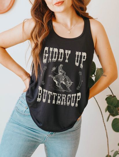 Giddy Up Buttercup Western Graphic Tank Horse Shirt Bucking Bronco Shirt Rodeo Tank Top Cowboy Country Music Outfit Nashville Tank