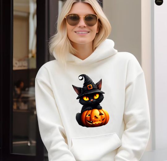 Halloween Sweatshirt Hoodie, Black Cat And Pumpkins Hoodie