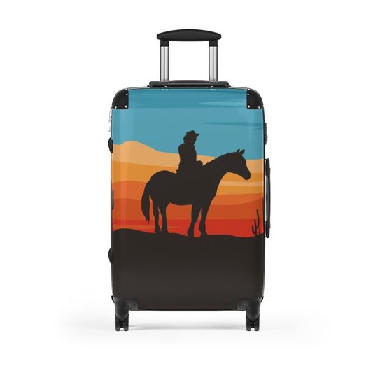 Country Western Suitcase Design, Southern Sunset Travel Bag with a Cowboy and Horse, Cowboy on Horse Silhouette Suitcase with Wheels