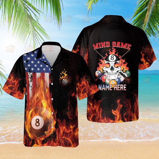 Personalized Billiard Hawaiian Shirt American Flag Fire Skull Mind Game Custom Billiard Shirt Button Down Gift For Billiard Player Pool Team