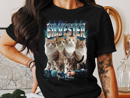 90's Retro Custom Pet T-Shirt - Personalized Cat & Dog Photo