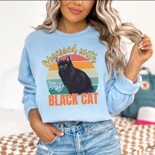 Trendy Black Cat Winter Sweatshirt, Cat Lover Sweater