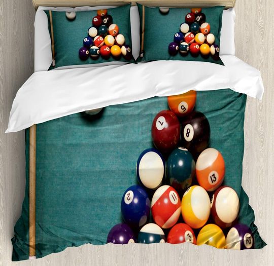 SUPERQIAO Billiard, High Angle View of Pool Table with Cue and Balls Sports Party Fun Bedding Set