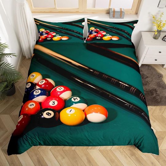 Billiards Game Bedding Set Twin Size for Kids Boys Bedroom,Sports Games Bed Duvet Cover Set,Billiard Balls Comforter Cover Team Sport Decor 2 Pieces 1 Duvet Cover with 1 Pillowcase No Comforter