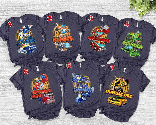 Transformers Characters Group Matching Shirt, Birthday Gift, Blades Chase Heatwave Boulder, Optimus Prime Whirl Bumble Bee