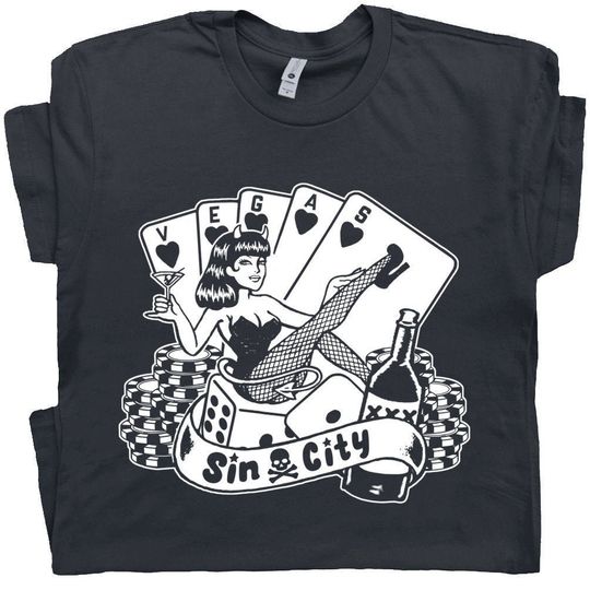 Las Vegas T Shirt Sin City Gambling Poker Tee She Devil Lady Luck Slot Machine Casino Craps Black Jack Vintage Retro Texas Hold em Graphic
