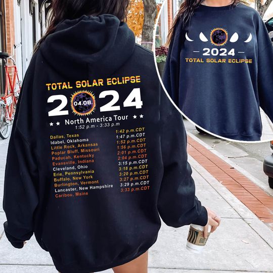 Total Solar Eclipse 2024 April 8th North America Tour Hoodie, Path Of Totality Washed T-shirt, Astronomy Lovers, Eclipse Event