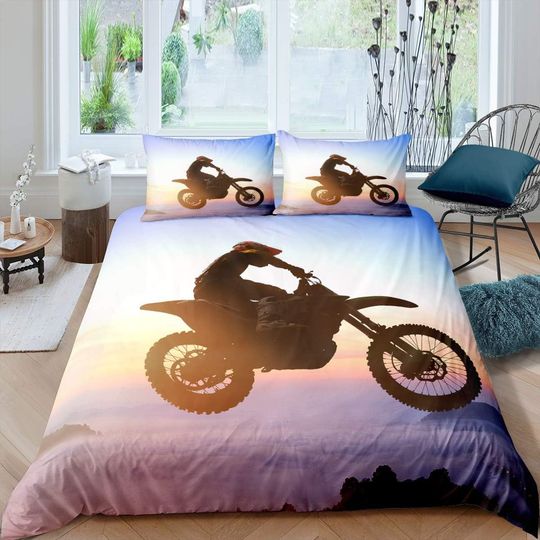 3D Motorcycle Dirt Bike Bedding Set Motocross Racer, Extreme Sports Bedding Set