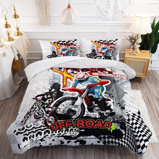 AILONEN Motorcycle Dirt Bike Bedding Set ,Motocross Racing ,Motocross Racer Boys Bedding Set