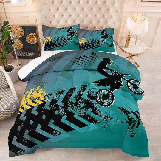 NINENINE Dirt Bike Bedding Set, Sport Theme ,3D Cool Motorcycle Print Bedding Set Motocross Racer Comforter