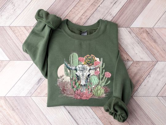 Cow Skull Desert Sun Cactus Shirt, Cow Skull Western Sweatshirt, Western Shirt , Boho Retro Desert Hoodie, Western Skull Shirt