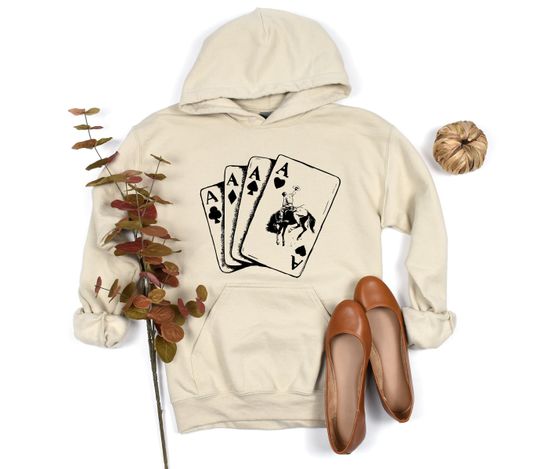 Unisex Hoodie, Ace Cards Cowboy Hooded , Country Girl, Desert Cactus, Southern Rodeo, Ranch, Yellow Stone, Playing Card Games