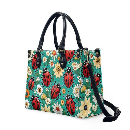 floral lady bugs Pattern Leather Handbag, Gift for Women