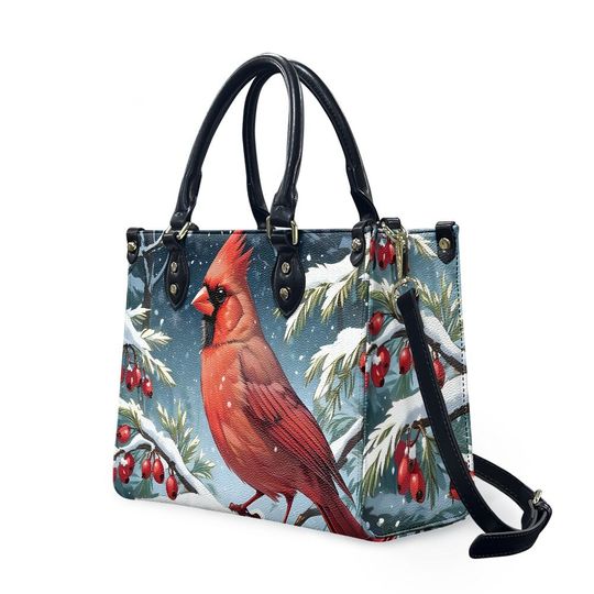 Cardinal red bird Pattern Leather Handbag, Gift for Women