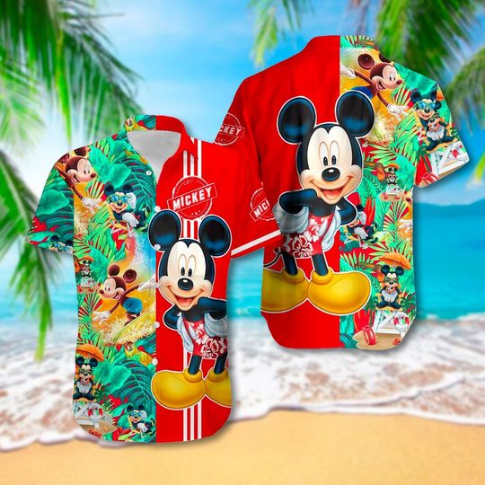 Cute Mouse Surfing Beach Shirt, Characters Button Up Shirt Holiday