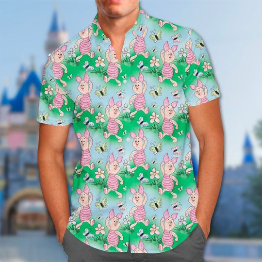 Pig And Butterfly Hawaii Shirt, Pig Button Up Shirt Holiday, Bear Movie Hawaiian Shirt, Funny Shirt Gift, Cartoon 3D All Over Print Shirt