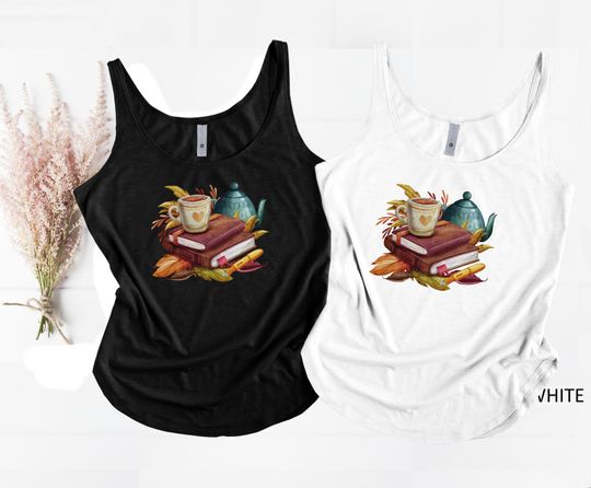 Fall Book Shirt, Fall Coffee, Autumn Book Lover Tank Top Tees, Gift For Book Lover, Fall Reading Shirt, Hot Tea Lover Shirt