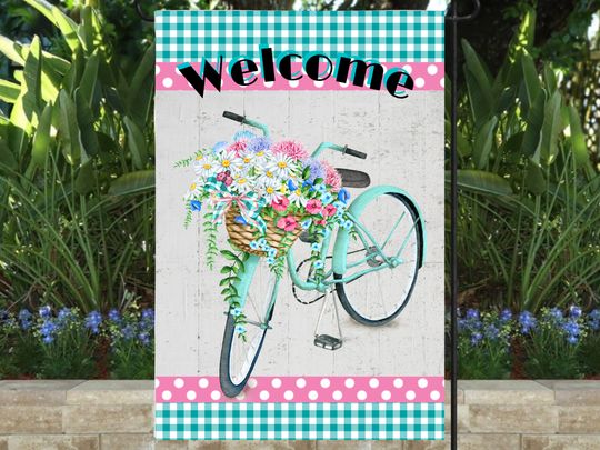 Flag, Garden Flag, Yard Flag, Welcome, Spring, Summer, Bicycle, Flowers