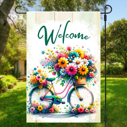 Welcome Floral Bicycle Polyester Garden Flag For Spring
