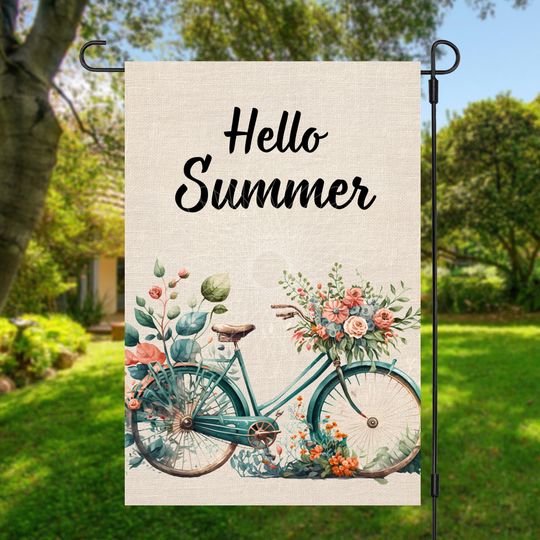 Garden Flag Sublimation Design, Hello Summer, Floral Bicycle