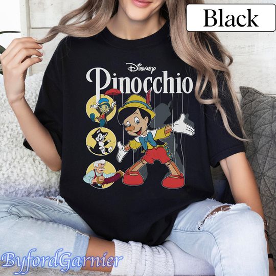 Pinocchio Vintage Movie Characters Group Shot, Disney Pinocchio Vintage Geppetto Tee, WDW Magic Kingdom Disneyland Family Holiday Gift