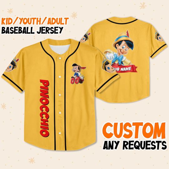 Personalize Pinocchio Yellow Black, Adult Disney Baseball Jersey Sports Outfits Cute Gifts For Fans Disney