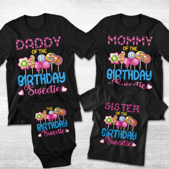 Candy Themed Birthday Family Shirts - candyland, birthday girl, lollipop, birthday sweetie, mommy daddy grandma auntie, hot pink blue