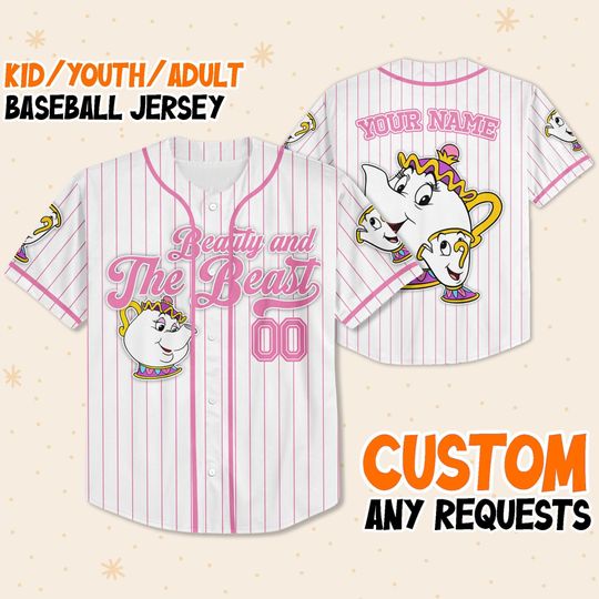 Custom Disney Beauty and the Beast Mrs Potts and Chip Simple Stripe,  Custom Disney Baseball Jersey