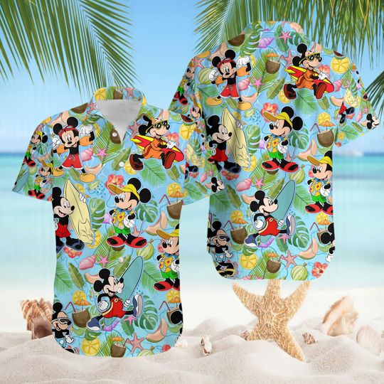 Tropical Mickey Mouse Surf Hawaiian Shirt | Minnie Mouse Summer Aloha Hawaiian Shirt