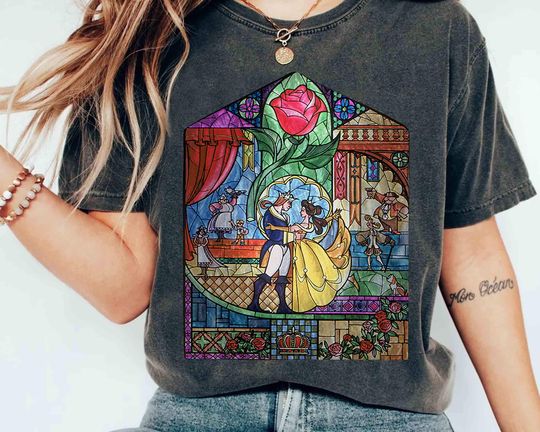 Disney Beauty & The Beast Stained Glass Rose Graphic Retro Shirt, Belle Beast Tee, WDW Magic Kingdom Disneyland Family Vacation Holiday Gift