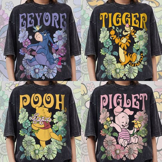 Pooh Piglet Eeyore Tigger Spring Floral Flower Garden Shirt Funny Tee, 2024 Family Trip Boys Tees, Vintage Graphic T-shirt