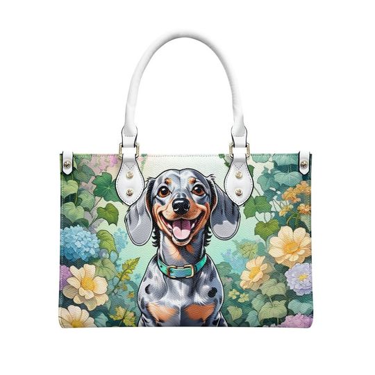 Smiling Floral Dachshund Leather Handbag, Gift for Mother's Day