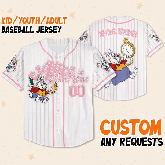Custom Disney Alice in Wonderland White Rabbit Simple Stripe Baseball Jersey