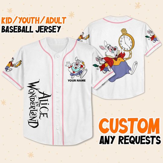 Custom Disney Alice in Wonderland White Rabbit Simple Baseball Jersey
