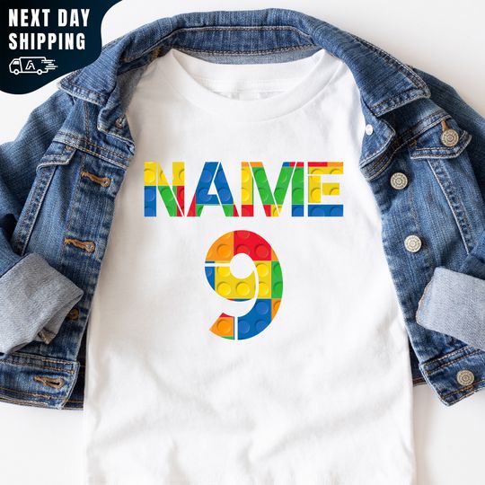 Family Gift Brick Birthday Number and Name Shirt, years old t-shirt, Lego Shirt, Construction Party Tee, Legoland Birthday