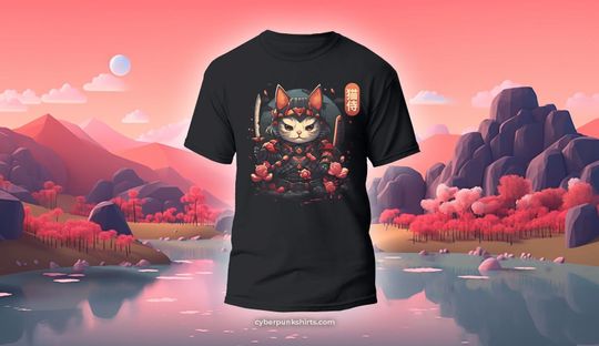 Kawaii Samurai Cat T-shirt, Cat Graphic T-Shirt, Cat Lover T-shirt