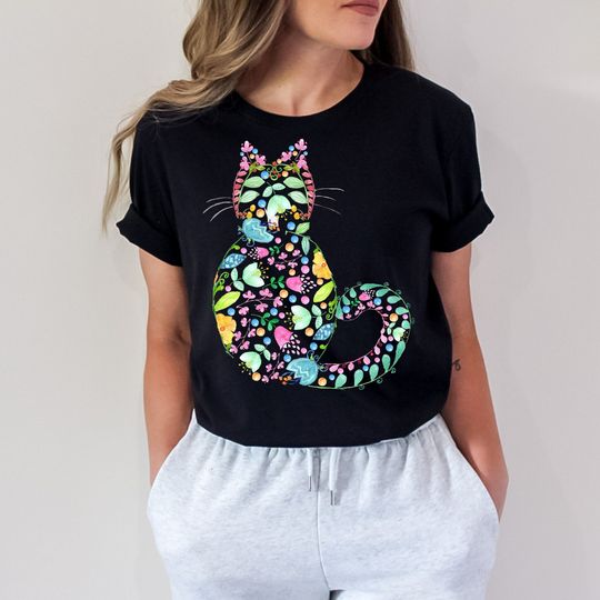Floral Cat Shirt, Cat Graphic T-Shirt, Cat Lover T-shirt