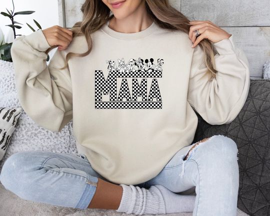 Personalized Vintage Mickey and Friends Disney Mama Checkered Sweatshirt, Disney Mom Sweater, Retro Disney Trip, Disney Family Vacation 2024