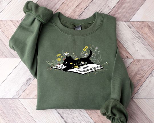 Cat Mom Sweatshirt, Cat Lover Sweatshirt, Cute Book Cat Sweatshirt, Floral Book Sweatshirt, Book Lover Sweat, Cat Themed Gifts For Women