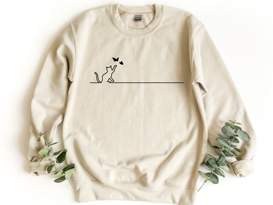 Cute Cat And Butterfly Sweatshirt, Cat Lover Gift, Cat Crewneck Sweatshirt, Pet Lover Pullover, Gift For Cat Owner, Animal Lover Sweater