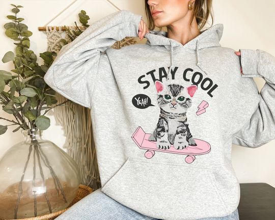 Stay Cool Trendy , Skateboard Cat , Vintage Skateboarding Cat Hoodie, Cool Cat , Gift for Cat Lovers, Cute Cat