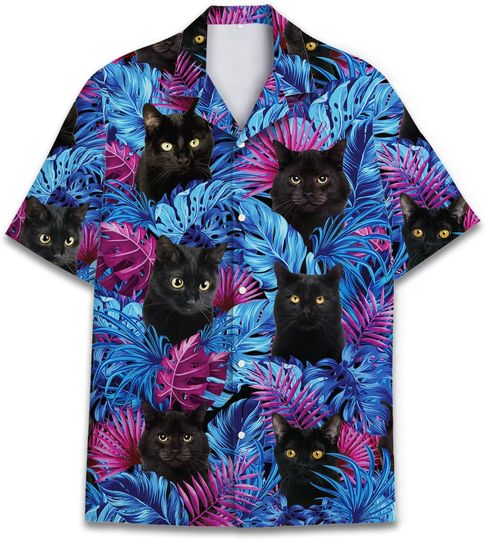 Black Cat Tropical Hawaiian Shirts for Men, Funny Black Cat Hawaiian Shirt Summer Aloha Animal Button Down Short Sleeve