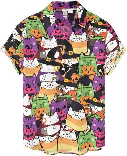 Cute Witch Cat Halloween Aloha Hawaiian Shirts, Unisex, Short Sleeve Hawaii Shirt, Short Sleeve Button Down Shirt, Aloha Beach Shirt, Summer Shirt, Shirt for Holidays Multicolor